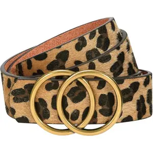 Womens Leopard Belt with Removable Gold Double Ring Buckle for Jeans