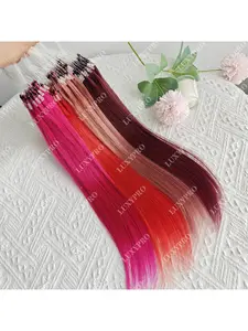 50 Strands Red Invisible Nano Bead Micro Ring Hair Extensions for Women & Men, 30.48-50.8 cm Straight Hair with Y2K Highlight Colors (Blue/Purple) for Daily Wear, Parties, Cosplay, Dress-Up Wig - Matching Hairpiece for Skin Tones