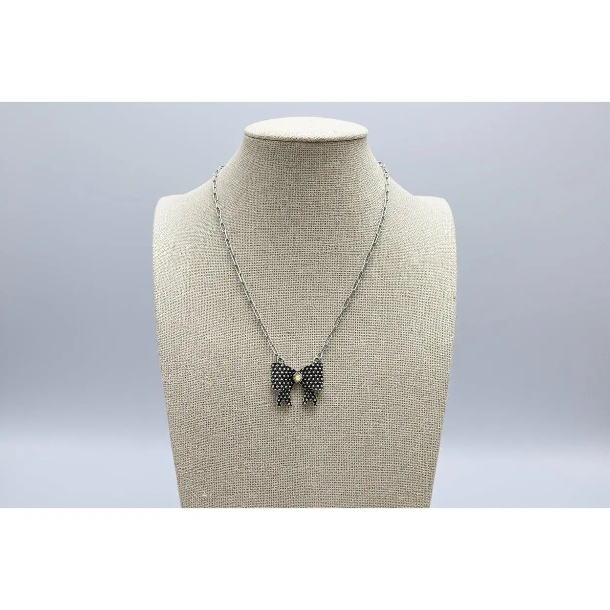 Western Bow Design Rhinestone Ribbon Necklace — Paperclip Chain with Western Pattern Ribbon (18 Inch)