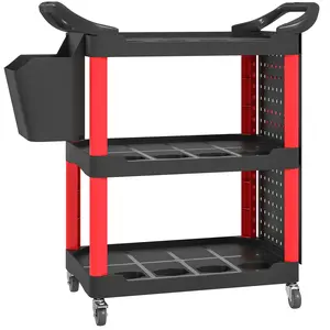 HOMCOM 3-Tier Rolling Utility Cart with Wheels, Shelf, Racks, Pegboards, Bucket, 200 lbs Load Capacity Plastic Garage Storage Rack for Garage, Workshop