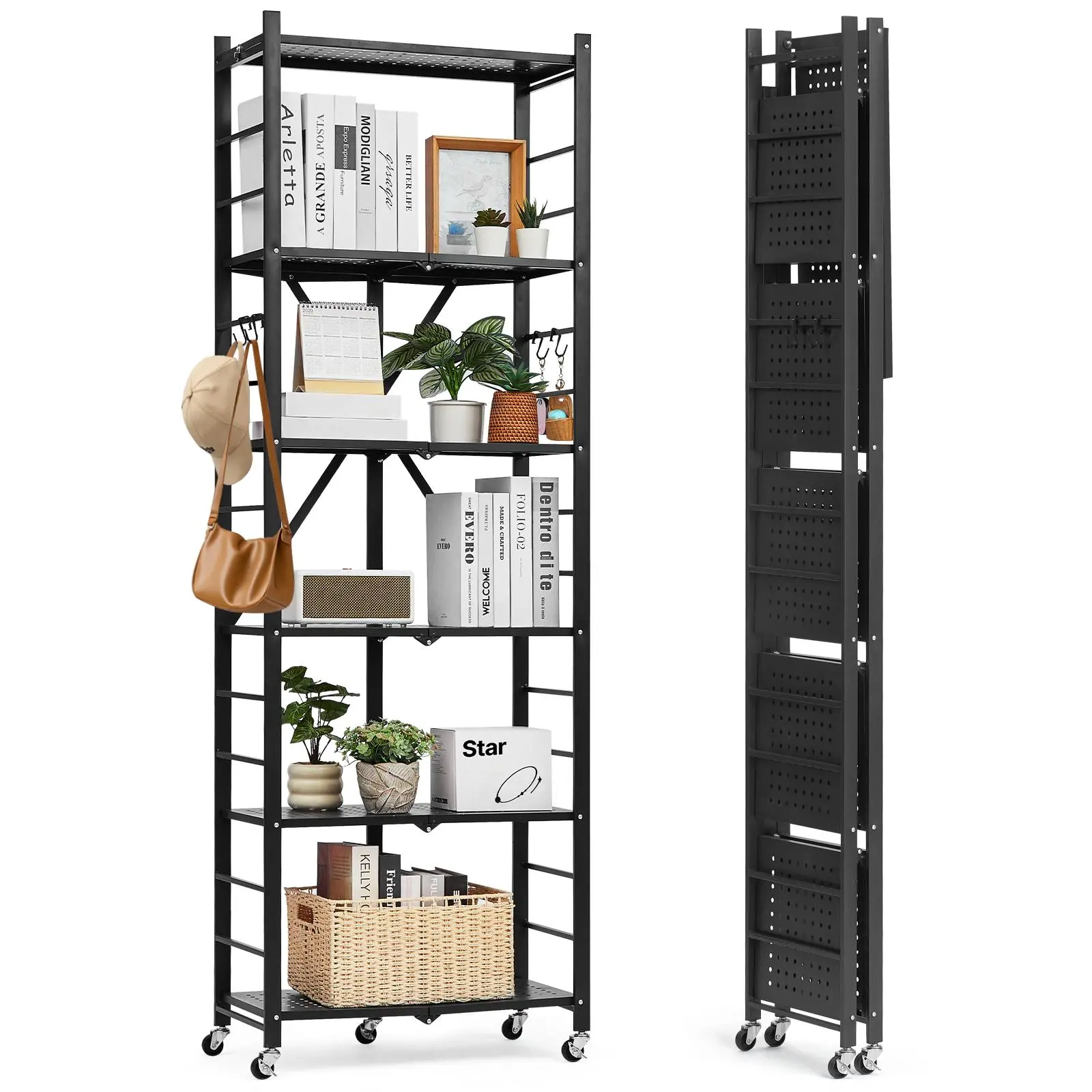 【Summerfinds】VEVOR Portable 6-Tier Foldable Steel Storage Shelves, 24W x 12D x 72H in, No-Assembly Metal Rack Organizer with 5 Wheels, 4 Hooks for Kitchen, Garage (Black)