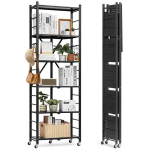 【Father's Day Gift】VEVOR 6-Tier Foldable Steel Storage Shelf, 24W x 12D x 72H Inches No-Assembly Metal Rack Organizer with 5 Wheels & 4 Hooks for Pantry, Garage (Black)