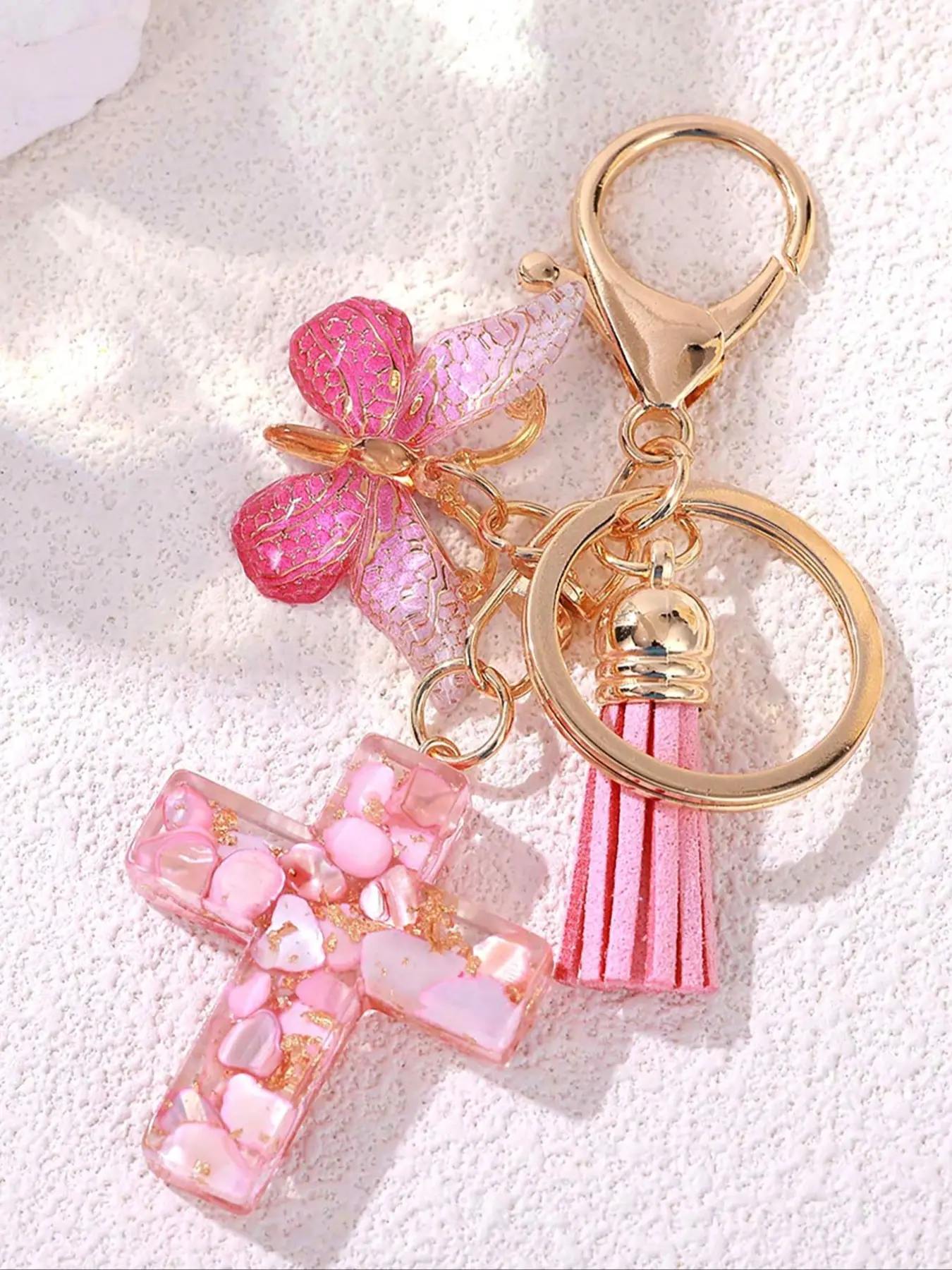 Resin Cross Keychain for Women Girls, Trendy Cute Stylish Keychain, 6 Styles with Butterfly Charm & Tassel, Mint Colors, Perfect Gift Idea, Cute Keychains for Car Keys