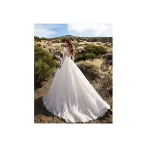 2025 Summer Women's Bridal Wedding Maxi Dresses with Lace Appliques Chiffon A Line Dress Women's Long Sleeve Beach Bridal Dresses White Elegant Formal Womenswear