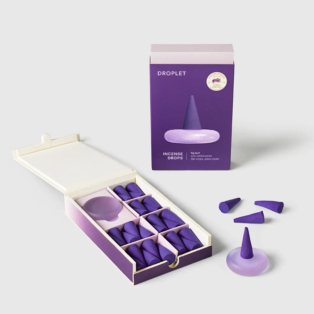Fig Leaf Incense Cones. 26 Hand-Rolled Incense Droplets + Sea Glass Holder, Fig Leaf, Oud & Amberwood, Low Smoke Woody Home Fragrance