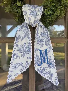 Personalized Wreath Sash Door, Custom Monogram Door Sash, Blue Toile Wreath Sash, Farmhouse Front Door Decor, Elegant Classic Wreath