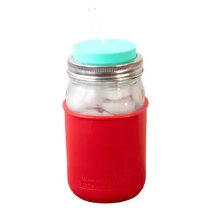 Mason Jar Lifestyle Smoothie 32oz Quart Glass Water Bottle with Silicone Sleeve & Straw Hole Lid