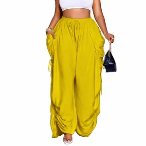 Women's High Waisted Harem Pants Wide Leg Baggy Boho Trousers Deep Pockets Adjustable Ruched Sides Drawstring Elastic Waist Lightweight Casual Flowy Lounge Pants Plus Size S-5XL Spring Summer Y2K Streetwear Fashion