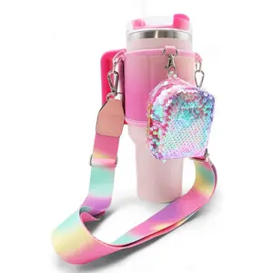 Stanley Cup Holder with Strap, Crossbody Strap for Stanley 40oz & 30oz /Hydroflask/Simple Modern, Glitter Sequin Coin Purse, Pink Stanley Cup Accessories, Fits Most 32-40oz Bottles Drinkware Metal
