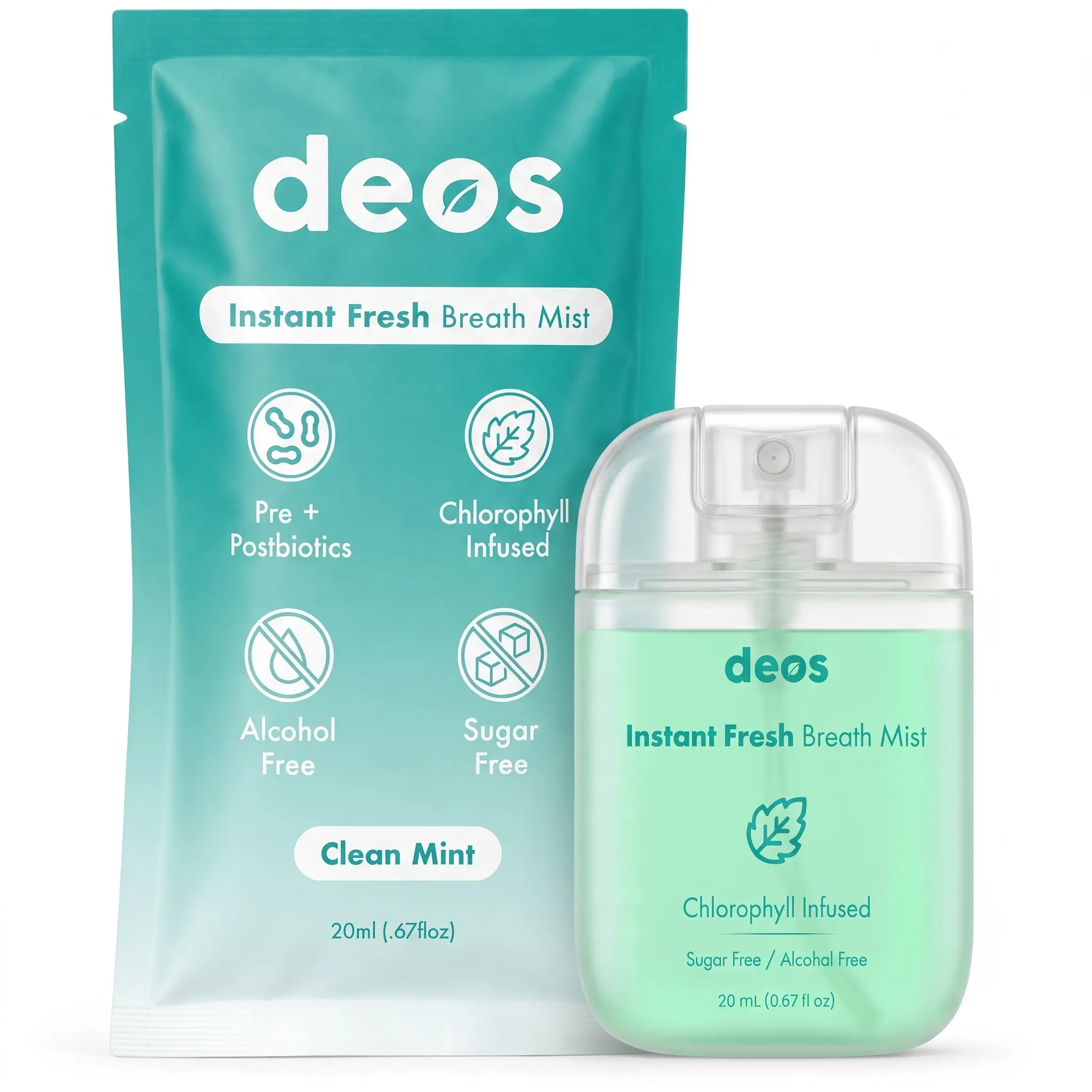 DEOS Instant Fresh Breath Mist - Pre & Post-Biotic Breath Spray for Fresh Breath & Oral Care - Made With Xylitol - Chlorophyll Infused - Sugar Free & Alcohol Free - 20ml