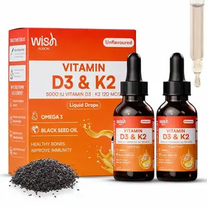 Wish Fusion Liquid Vitamin D3 & K2 Drops, 2 Pack Vitamin D3 Drops with Omega 3 & Black Seed Oil, 5000 IU D3, 120mcg K2, for Immune Support & Bone Health Black Seed Oil & Organic MCT, Liquid Multivitamin for Women & Men