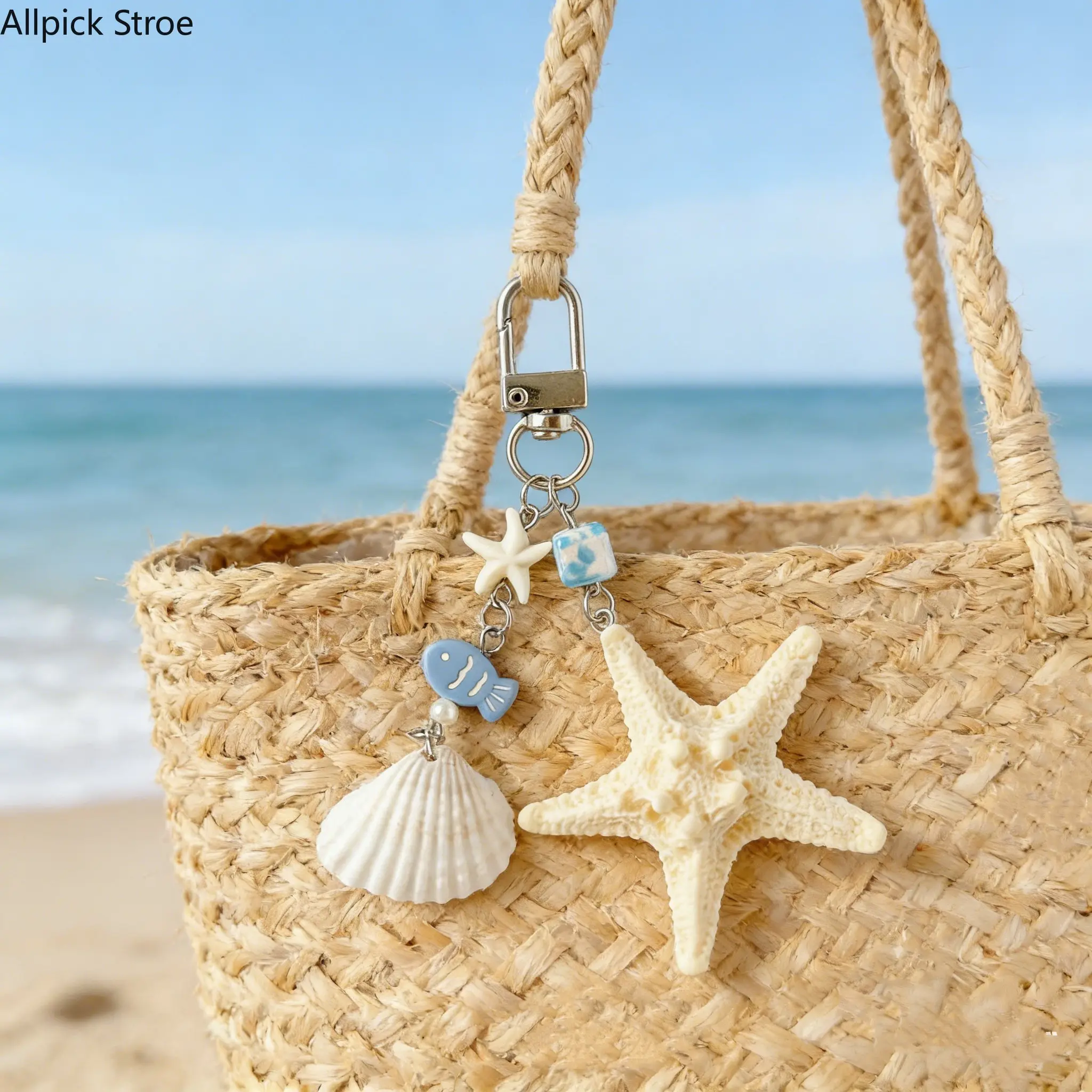 Starfish Keychain Charm 2 pc Set, Coastal Plastic Collectible with Shell Pendants and Snap Hook, Ocean Themed Bag Accessory for Handbags, Collectibles, Coastal Style, Beach Vibes, Bag Charms For Handbags, Ocean Beachy Vibe, Handbag Accessory