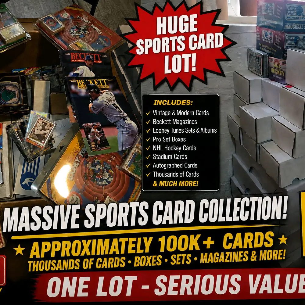 Sports Card Collection Lot – 100K Cards Huge mixed sports card lot featuring baseball, football, and basketball cards from multiple eras, including 1970s, 1980s, 1990s, 2000s, and modern cards.