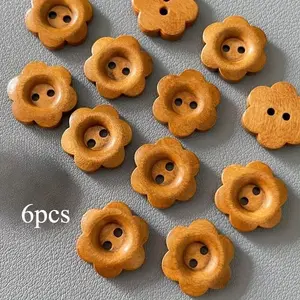 6pcs Assorted Handmade Wooden Flower Buttons, Natural Craft Buttons - Ideal for Sewing & Knitting Projects, Smooth Light Brown Wood with Four Holes, Buttons for Clothes
