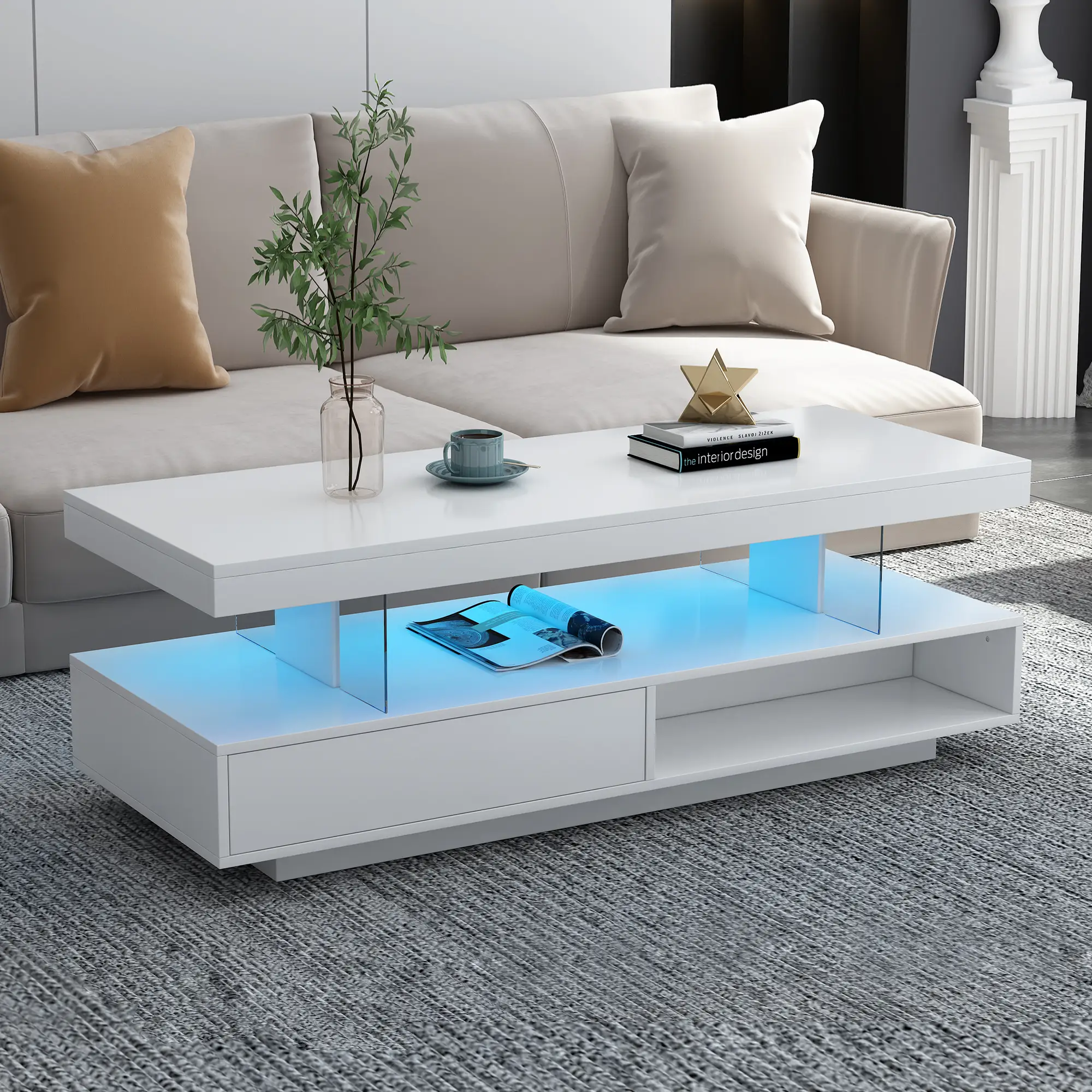 PINGO Coffee Table with 16 Colors LED Lights, High Gloss & Sturdy Center Table with Display Shelves and 2 Drawers, For Home Living Room, 2 Colors