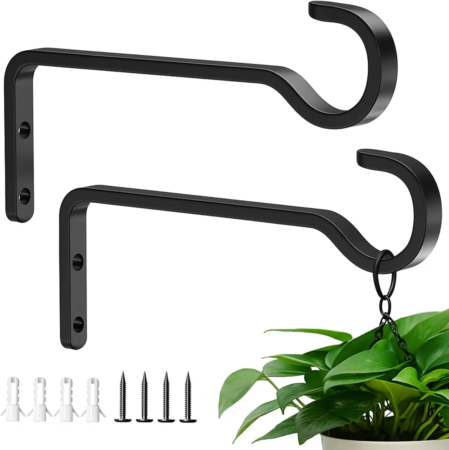 Heavy Duty 6” Plant Hooks Wall Mount 2-Pack | Outdoor Iron Hanging Basket & Bird Feeder Hangers Holds 35LB | Black Metal Planter Brackets for Lanterns & Wind Chimes
