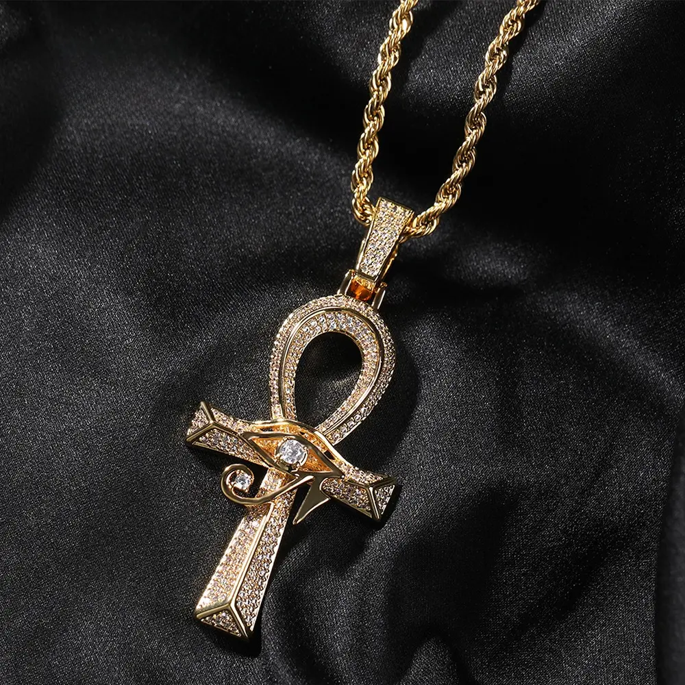 Elegant Pendant Necklace with Retro Ankh & Eye of Horus, Unisex Diamond-Studded Copper Charm on a Byzantine Chain, Hypoallergenic Non-Tarnish Costume Jewelry, Elegant Necklace, Diamond Studded Pendant, Non Tarnish Jewelry