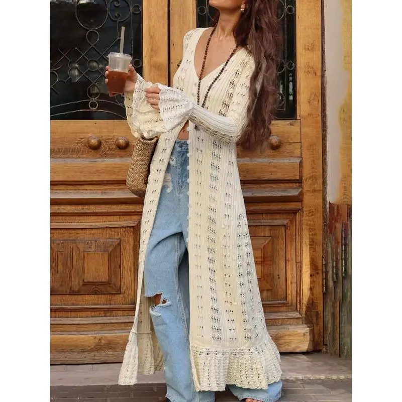 Women's Plain Hollow Out Button Front Cardigan, Elegant Flounce Sleeve Knitwear for Summer, Fashion Women's Knit Clothing for Daily Wear, CardigansGift