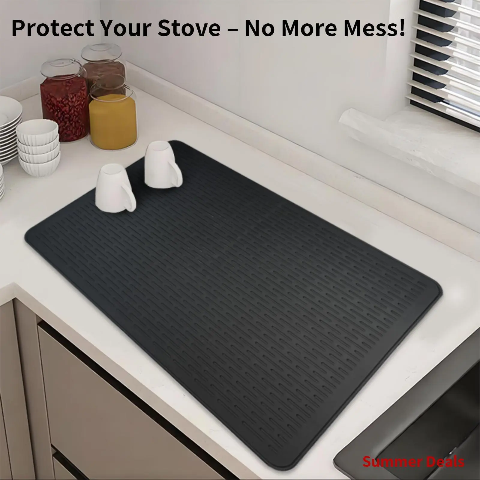 Silicone Kitchen Drying Mat - Heat-Resistant Stove Top Protector, Non-Slip Dish Drain Pad, Dishwasher-Safe Countertop Mat with Coasters for Dishes, Fruits