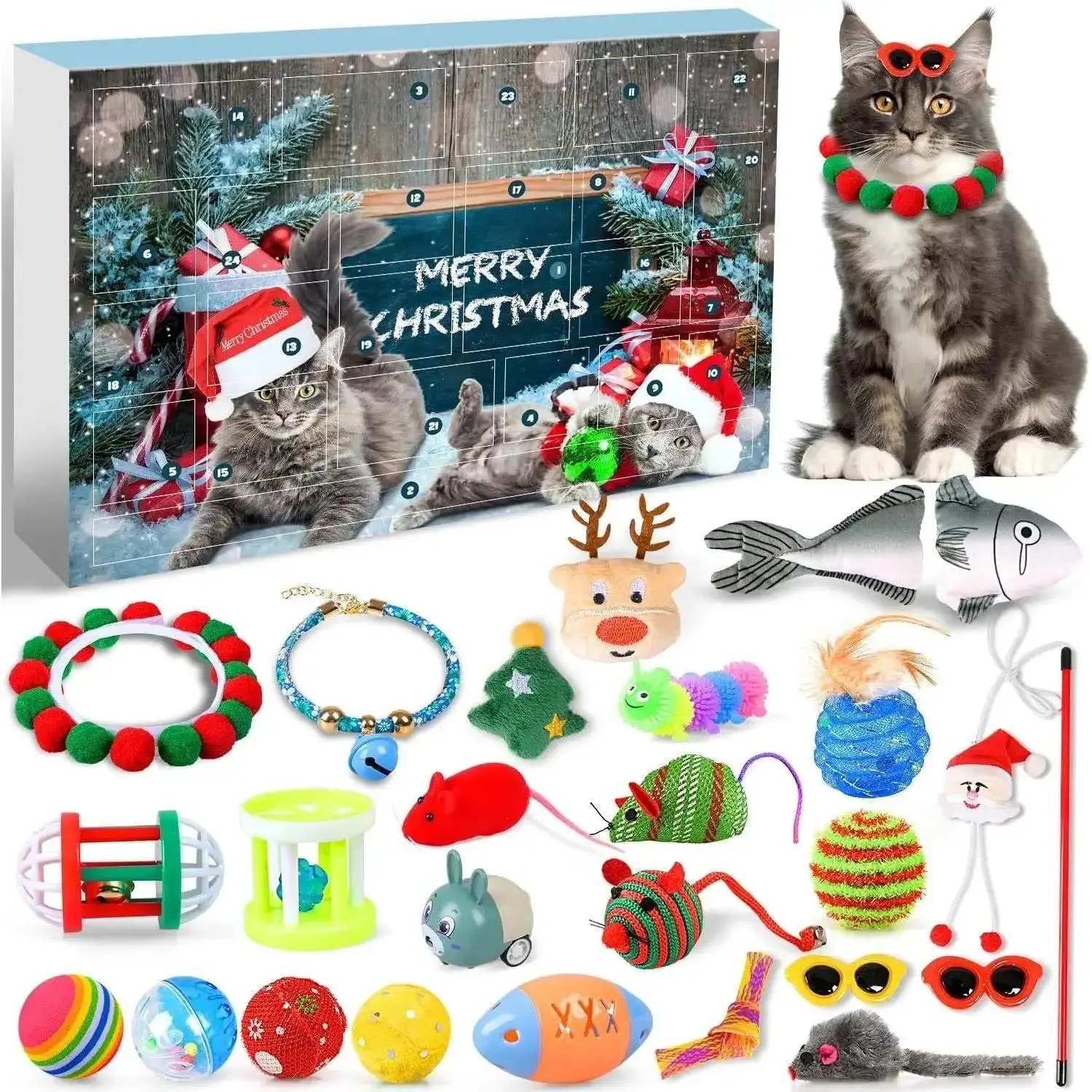 ✨2024 Christmas Countdown Cat Toys Advent Calendar  For Kitten With Mice Balls Bells Countdown Calendar Assorted Cat Toys Christ