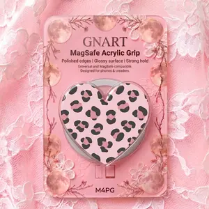 Y2K Aesthetic Pink Cheetah MagSafe Acrylic Phone Grip, Heart Shape Leopard Pattern Magnetic Phone Holder, Preppy Girly Cute Phone Ring Stand Accessory