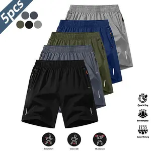 Men's 5-piece quick-dry breathable shorts set, casual sports style, wrinkle-resistant design, polyester blend, solid color reflective strips, suitable for running, soccer, badminton, basketball, table tennis, weightlifting, and gym workouts. Men's shorts