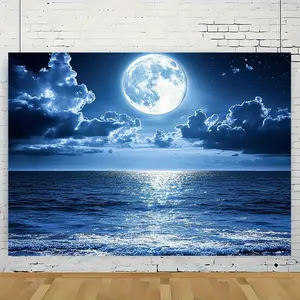 1 2D dreamy ocean moon background - tranquil night sky wall with bright moonlight, waves, and stars hanging. Tapestry Room Decor, Made of polyester fiber, lightweight and suitable for bedroom, living room, and dormitory decoration