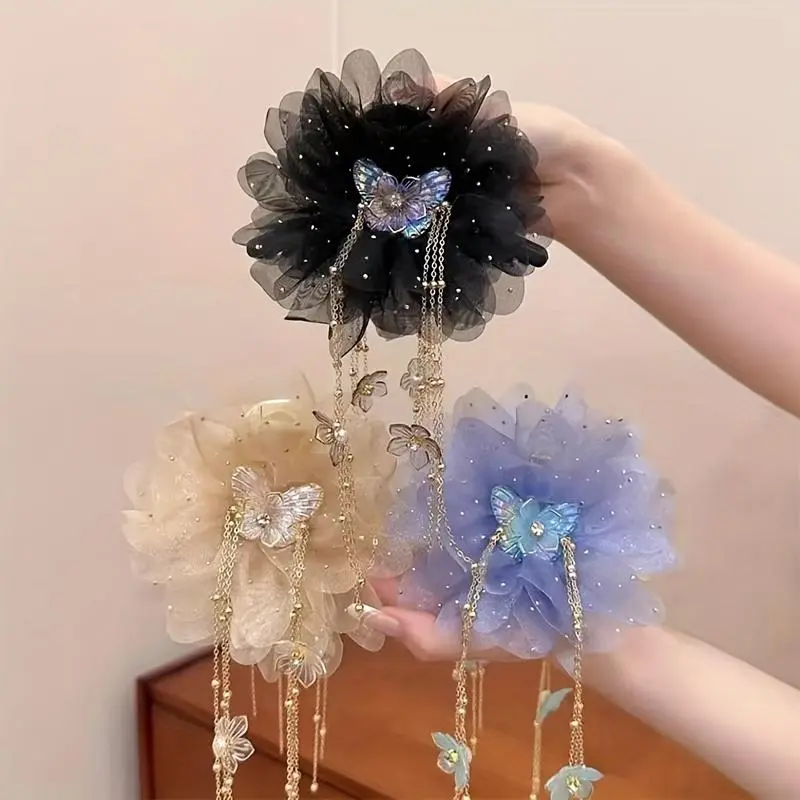 Women's 3-Piece Hair Clip Set Butterfly Tassel Mesh Peony Tassel Anti-Slip Ponytail Claw Clips for Everyday Wear Travel