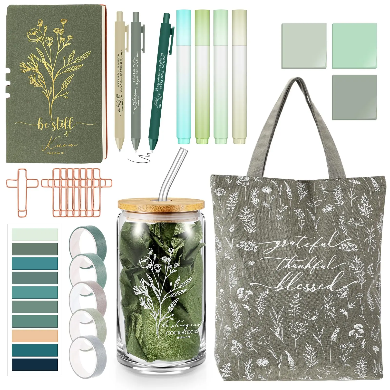 Christian Bible Journaling Kit with 29 Pcs Supplies - Large Canvas Bag, A6 Leather Christian Print Notebook, 16oz Glass Cup, Ballpoint Pens, Highlighters, Sticky Notes - Journaling Supplies for Women, Feast of the Holy Cross Gift, Christian Print Notebook