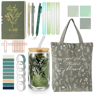 Christmas Gift 29 Pcs Bible Study Supplies with Pretty Canva Bag A6 Leather Journal Notebook 16 oz Glass Cup Ballpoint Pens Highlighters Sticky Notes Aesthetic Annotation Supplies, Bible Journaling Kit for Women Christian