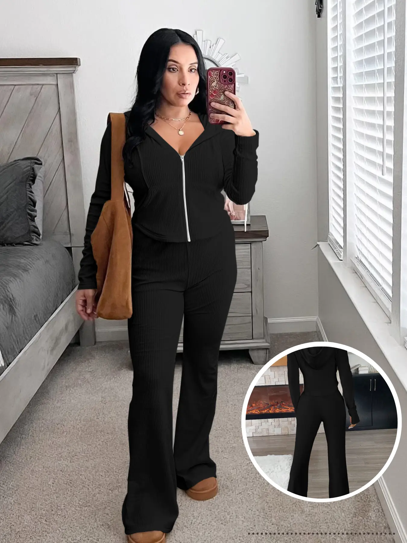 USBoutique Chic Women's Solid Black Drawstring Zip Up Hooded Top & Foldover Trousers Two Piece Set Fall & Winter Casual Co-ord Outfits