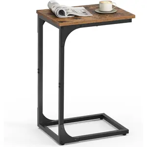 C-Shaped End Table, Small Side Table for Couch, Sofa Table with Metal Frame for Living Room, Bedroom, Bedside, Rustic Brown and Black