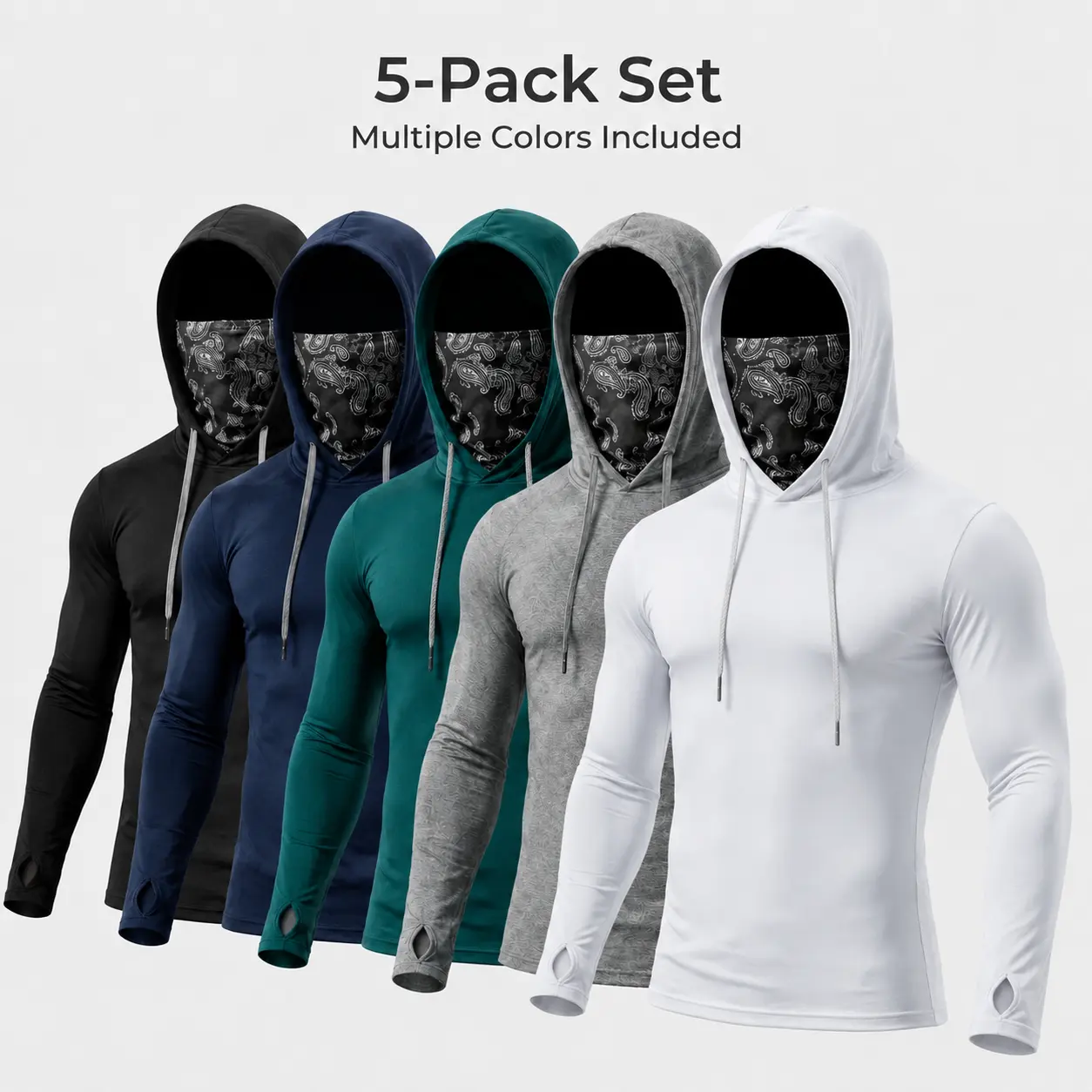 5-Piece Set Men & Women UPF Sun Protection Hooded Shirts, Quick Dry Breathable Long Sleeve Compression Athletic Tops with Built-in Face Mask & Neck Guard, Lightweight Cooling Sun Hoodie for Outdoor Work, Fishing, Hiking, Running
