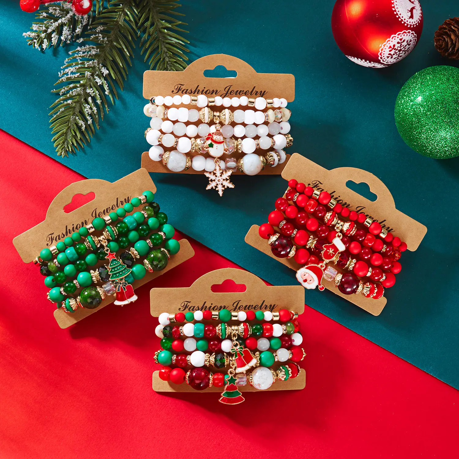 5 Pcs/Set Merry Christmas Santa Claus Xmas Tree Bracelet For Women Colorful Crystal Beads Snowflake Bracelets New Year Jewelry
