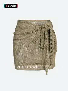 Women's Plain Knot Side Split Hem Sweater Cover Up Skirt, Summer Clothes Women, Casual Hollow Out Beach Skirt for Summer, Ladies Knitwear for Beach Holiday Vacation