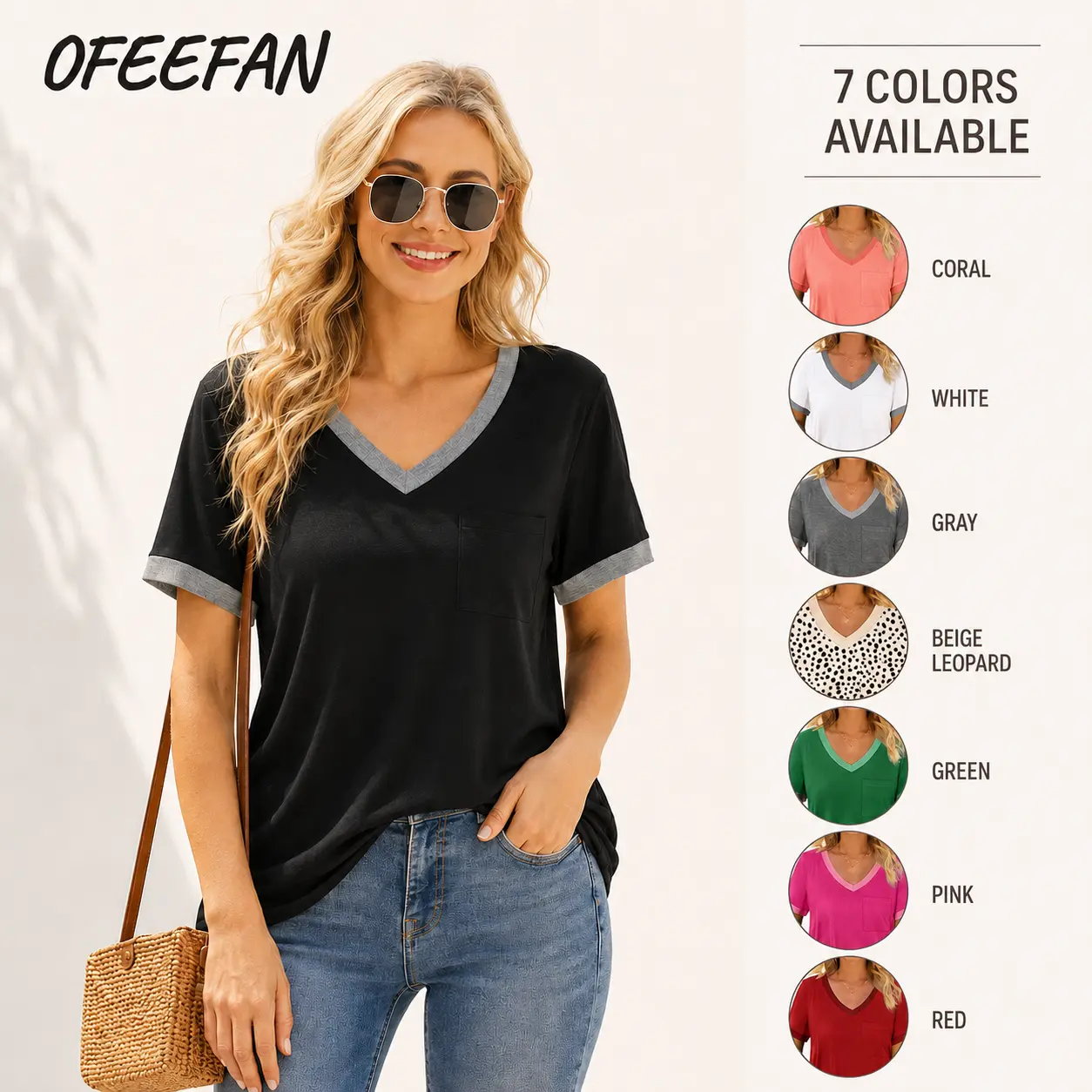 On Sale - OFEEFAN Womens T Shirts Short Sleeve V Neck Loose Casual Summer Tops with Pocket Womenswear Vneck