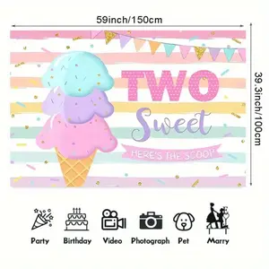1pc 2D Flat Polyester Happy 2nd Birthday Party Backdrop Banner - "2 Sweet Here's the Scoop" Ice Cream Print, Colorful Flags, Golden Confetti, No-Electricity Home Festive Party Decoration