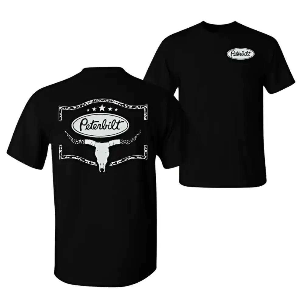 Peterbilt T-Shirt, Western Longhorn Skull Logo Graphic, Peterbilt Trucking Graphic Shirt for Diesel Mechanics & Truck Drivers, Gift for Semi Truck Lovers & Big Rig Fans