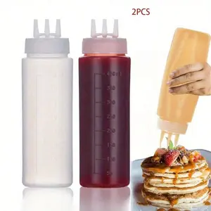 2pcs Multi-Purpose Kitchen Squeeze Bottles With 3-Hole Graduated Design - PE Material, Ideal For Sauces, Condiments & Baking - Includes White, Red And Amber Nozzles, Condiment Dispenser |   Modern Kitchenware |   Translucent Material, Soy Sauce Squeeze Bo
