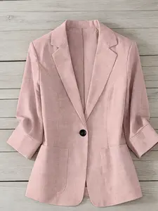 A women's plain lapel single-breasted one-button mid-sleeve double-pocket Fitted suit jacket, suitable for spring and autumn seasons suitable for office and daily wear, Womenswear, Minimalist