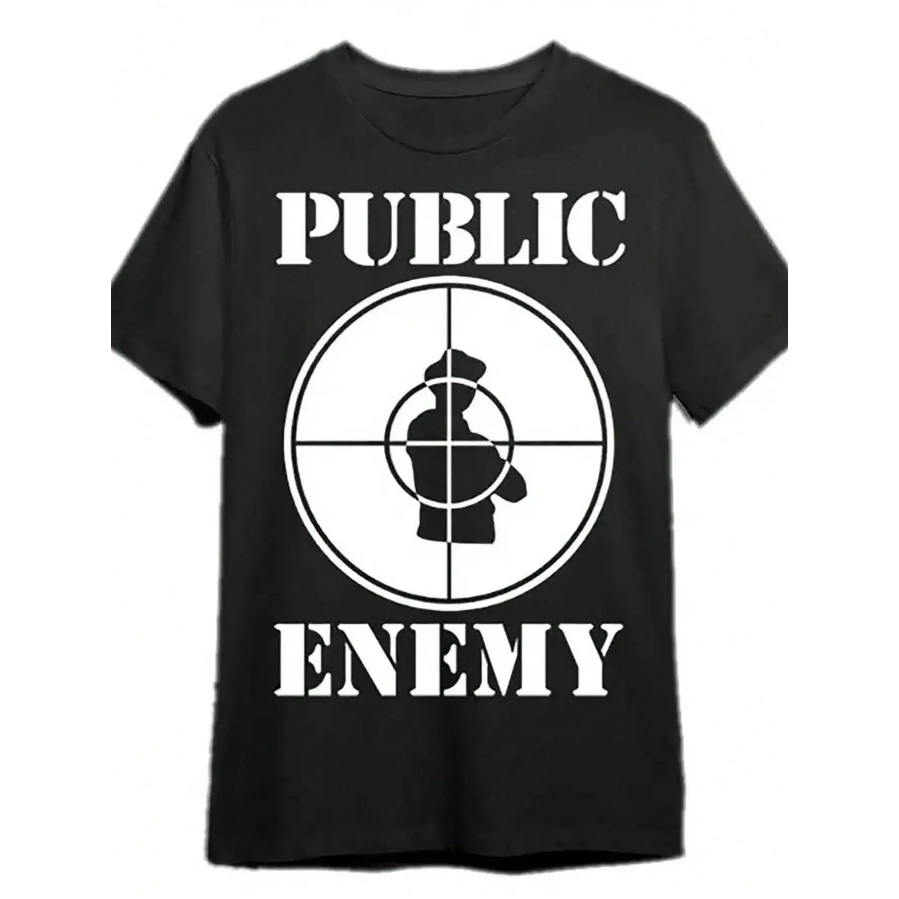 Men's Public Enemy Logo Streetwear T-Shirt - Casual Cotton Short-Sleeve Round Neck Menswear Tee, Machine Washable, Plus Size Black Graphic Tshirt for Summer Outfits, Shortsleeve