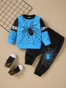 Boys' Spider Print Long Sleeve Sweatshirt & Matching Pants Set, Casual Round Neck for Fall Winter Outdoor Activities Suits