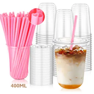 Cute Pink Heart Straw Cups | 100 Sets Party Essential | Leakproof & Spill-Resistant Design for iced coffee protein shake cups | 400ml Large Capacity | Exclusive & galentines party| Eco-Friendly & BPA-Free Material