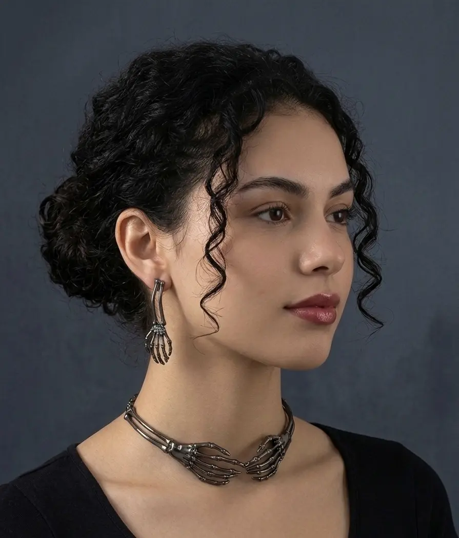 Vintage Gothic Punk 2-Piece Jewelry Set - Exaggerated Bone Ghost Hand Necklace & Earrings, Retro Skeleton Accessory for Halloween Parties