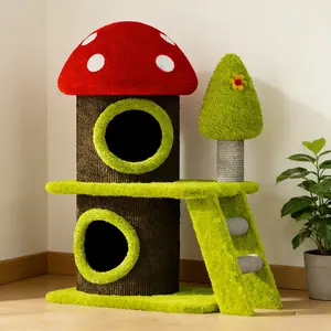 30.7" Mushroom Cat Tree Tower with 2-Level Cat Condos, Ladder, and Tree-Shaped Sisal Scratching Post for Indoor Cats & Multi-Cat Households