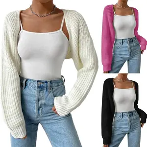 Women's Open Front Cropped Cardigan Elegant Long Sleeve Solid Color Loose Ribbed Knit Shrug Sweater Bolero Tops Knitwear Ladies Casual Streetwear Womenswear for Spring Fall(Sheets)