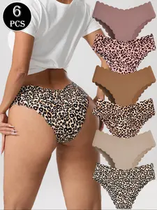 6 Pack Women's Seamless Panties - Scalloped Hem Maillard Colorway (Brown/Beige/Cream) & Leopard Print Quick-Dry 4-Way Stretch Nylon Spandex Breathable No-Show Soft Fit Panty Premium Daily Wear