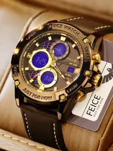 FEICE Men's Luxury Leather Luminous Quartz Watch - Waterproof, Trendy Multifunction Dual Time Wristwatch with Alarm Chronograph, Sporty Design for Sport & Business Fashion (Black and Silver Model) Durable Outdoor Watch