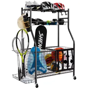 VEVOR Ball Sports Equipment  Garage Organizer, TikTokShopBlackFriday, Rolling Ball Storage Cart on Wheels, Basketball Rack with Baskets & Hooks, Indoor/Outdoor Sports Gear and Toys Storage, Steel Sports Equipment Organizer