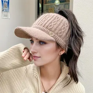 Female 2026 Autumn Winter Warm Knitted Ponytail Sunshade Hat - Thick Earcup Baseball Cap with Adjustable Straps, Adjustable Stylish Hat for Cozy Wear & Sun Protection